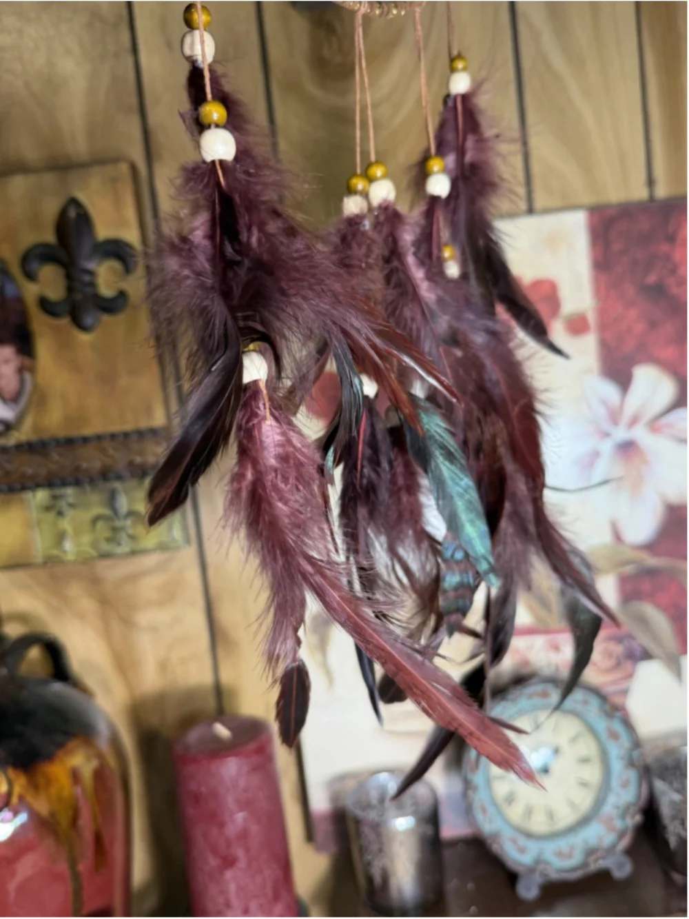 Dream Catcher Wall Hanging 6.5 In Hoop 23 in Long Feathers Beads Boho Decor New